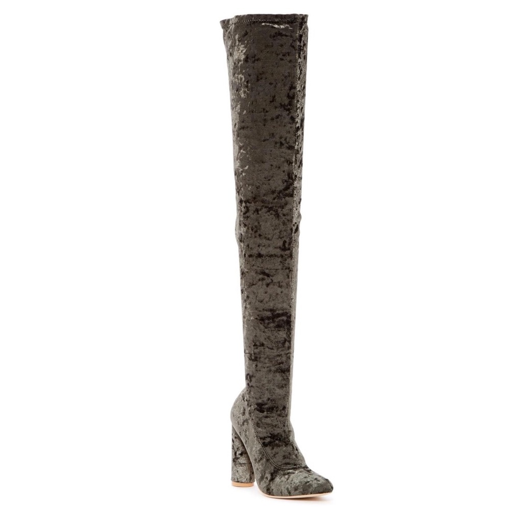 Thigh-high stretch, crushed velvet boots.